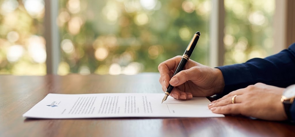 Signing a document at a desk