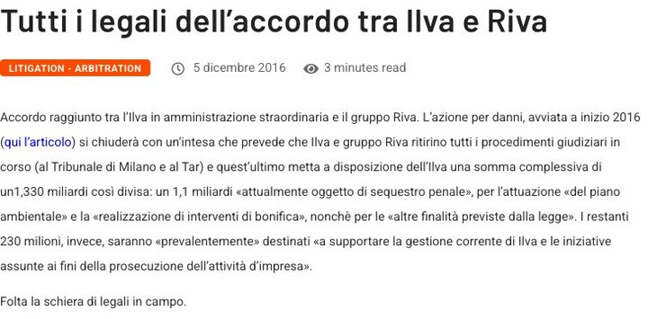 Tutti i legali dell'accordo tra Ilva e Riva