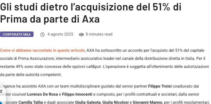 Gli studi dietro l'acquisizione del 51% di Prima da parte di Axa